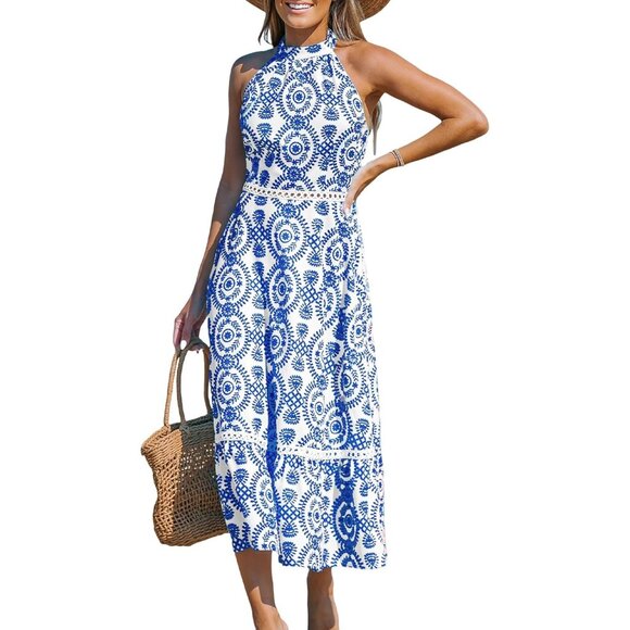 Women's Boho Paisley Midi Dress Sleeveless Cutout Waist Summer Wear